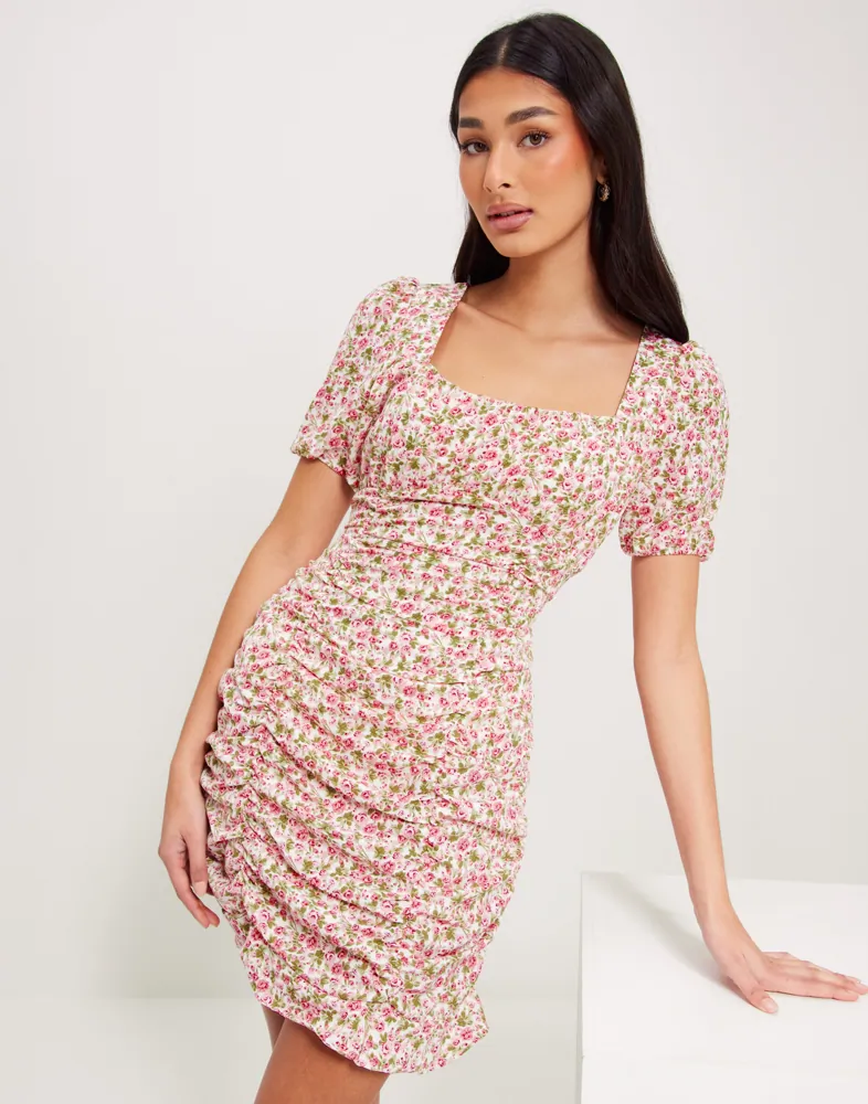 missguided pink ruched dress MISSGUIDED Plunge Neck Ruched Maxi Dress With Rose DetailMISSGUIDED
