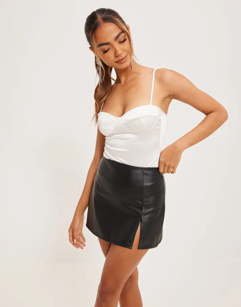 Black Leather Short Leather Look Skirt Slit Leather Look Skirt