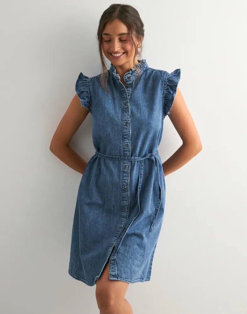 Buy Only ONLSHANIA S/L FRILL DNM DRESS AKM - Medium Blue Denim | Nelly.com