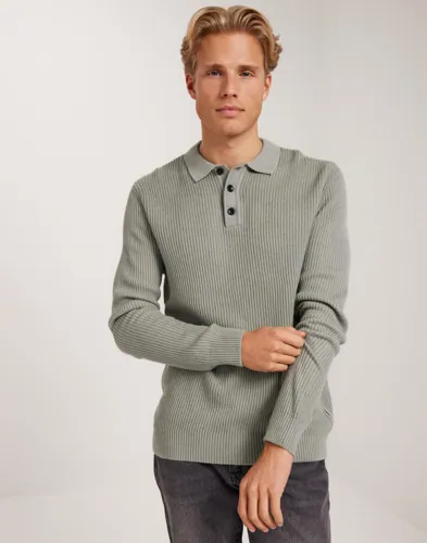 Jack & Jones grå stickad pikétröja med krage för herr