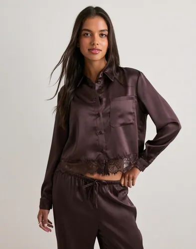 Only - Brun - Onlindona L/S Satin Lace Shirt Wvn
