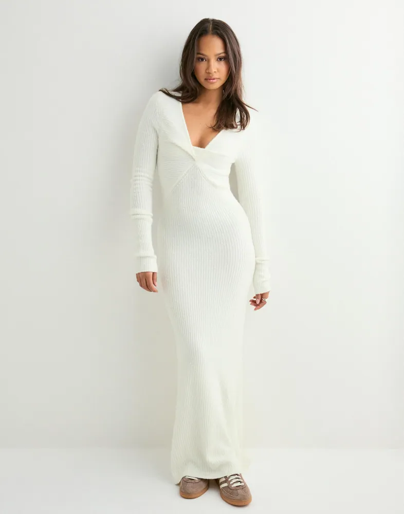 open lace back dress White Ribbed Knit Long Sleeves Dress – Hot Miami Styles