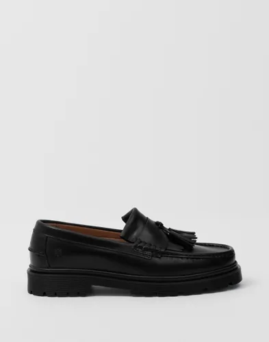 Svarta loafers i skinn från Playboy med fransdetaljer över foten