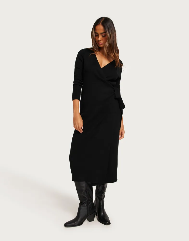 vila knit dress Vila ribbed knit long sleeve midi dress in black