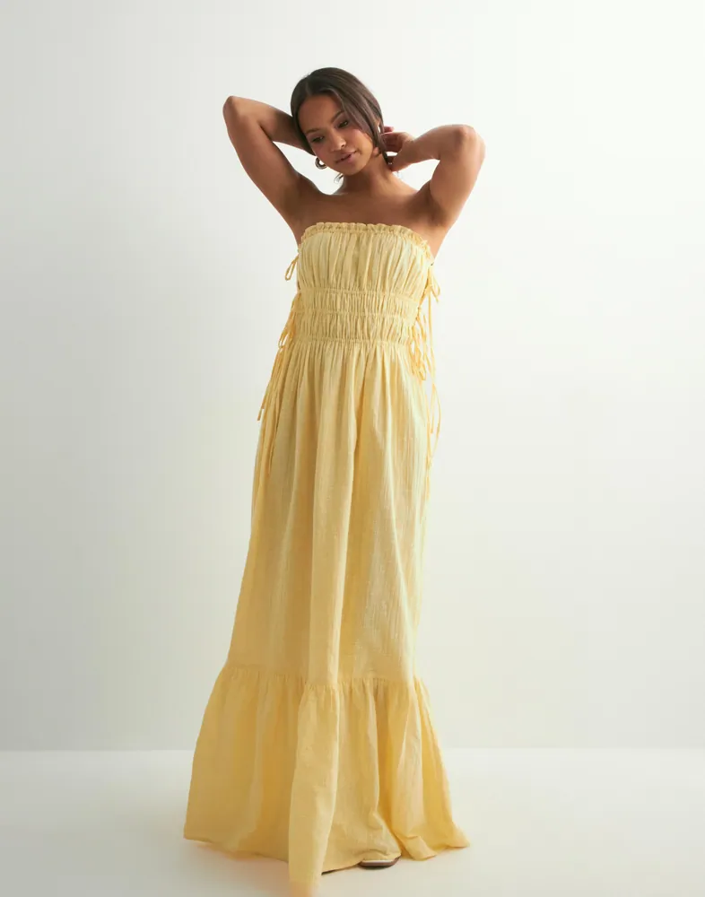 yellow smock dress Cordelia Crochet 70s Midi | Daffodil weather styling Pure Cotton Midi Smock Dress