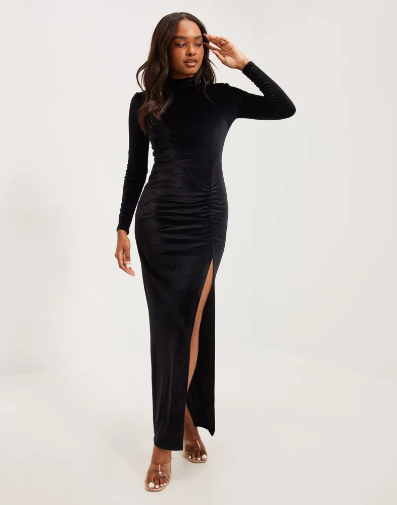 slim fit dress slacks La Femme 25559 High Neckline Velvet Fitted Gown with Side Slit - Couture Candy 4 / Black main image 1