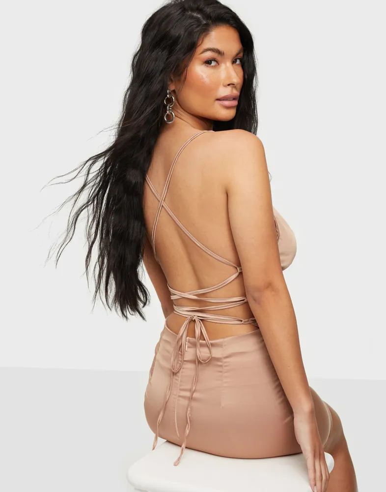 Buy Parisian Satin Cowl Neck Tie Back Mini Dress - Champagne | Nelly.com