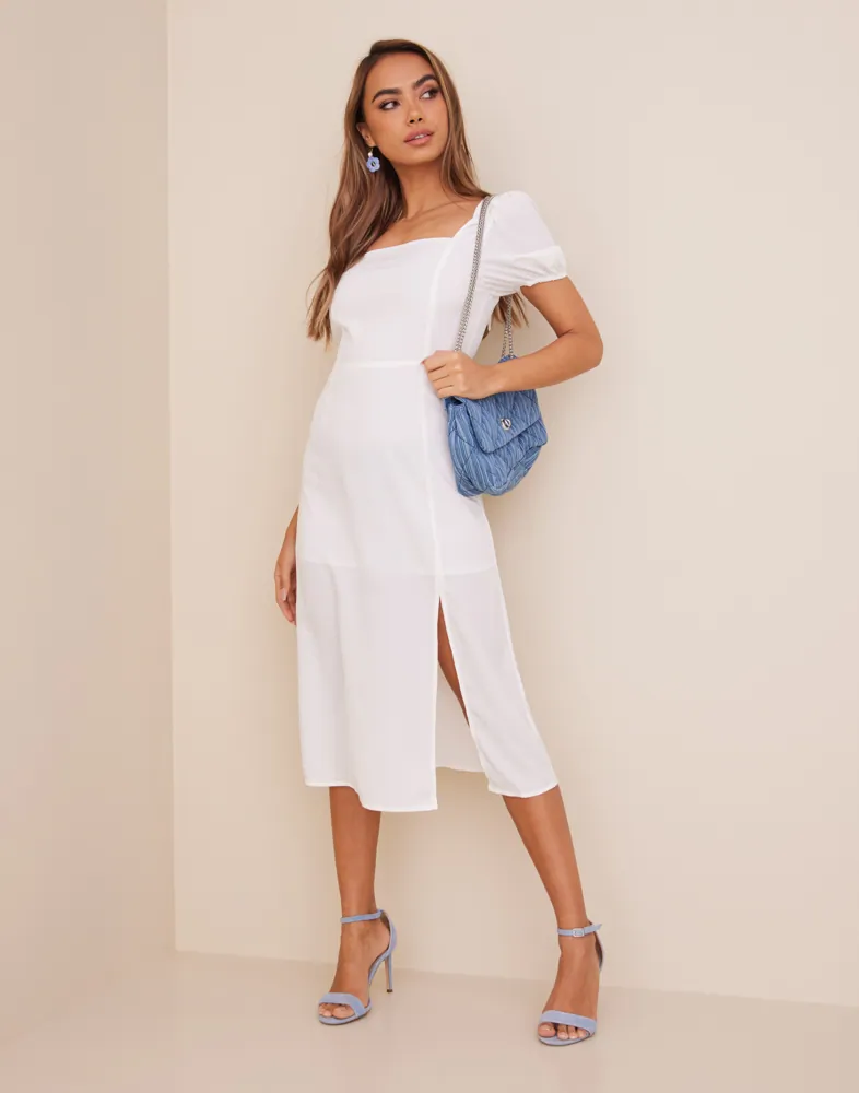 fitted puff sleeve midi dress Light Blue Midi Summer Dress with Short Sleeves Light Blue / XSmall main image 1