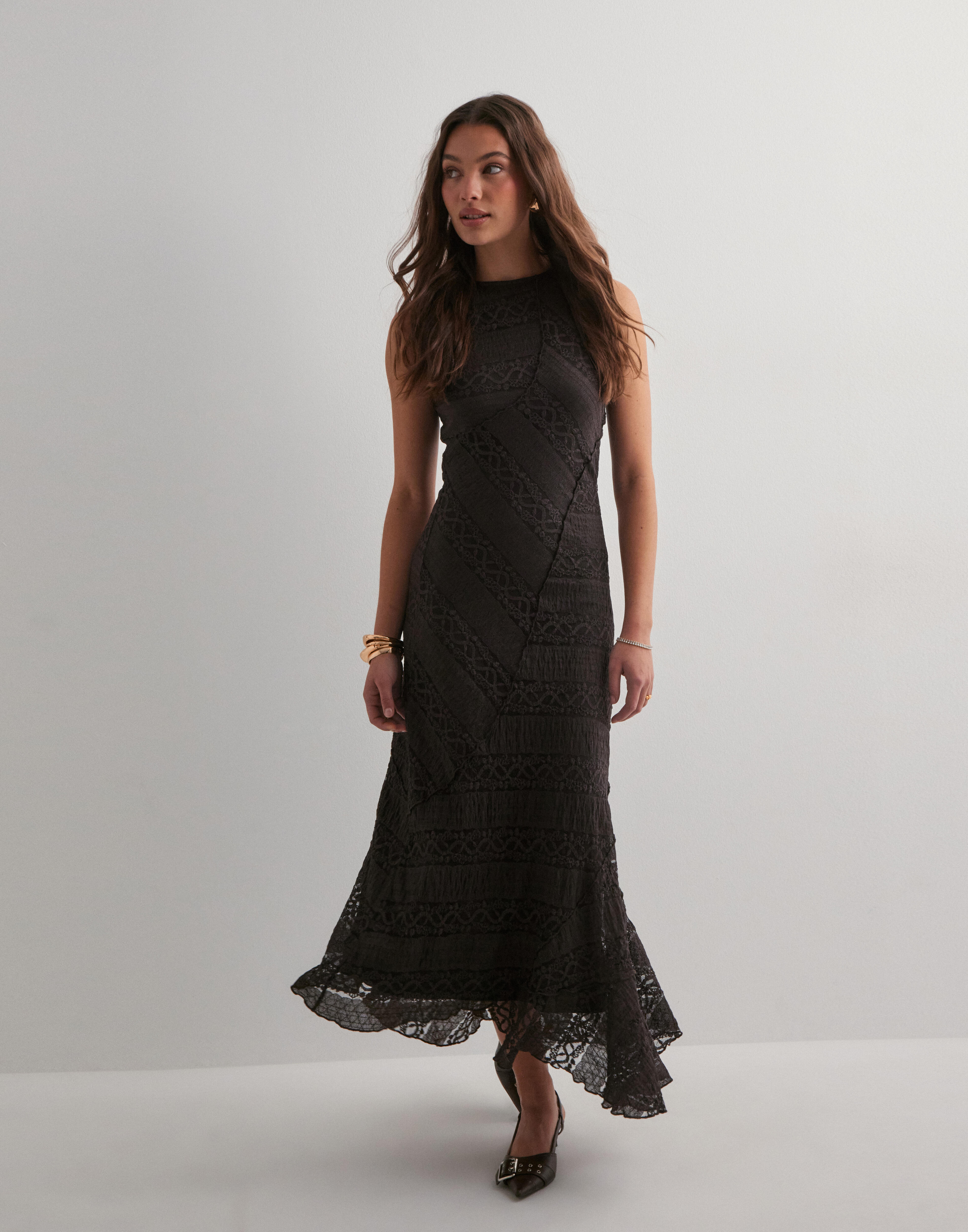 lace split dress Black Unique Beaded Satin Dress With Lace-Up Back And Leg Slit main image 1