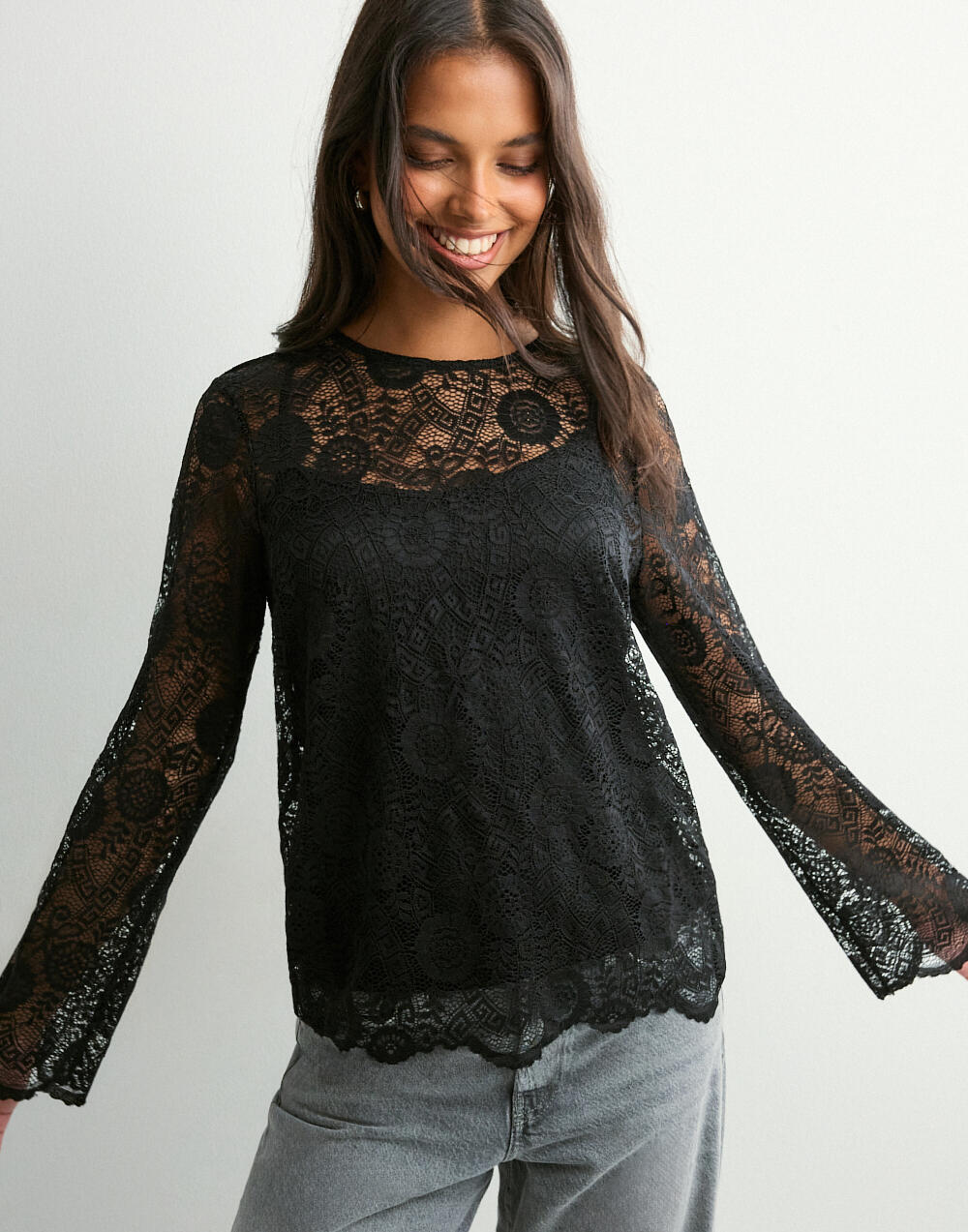 Buy Pieces PCOLLINE LS LACE O-NECK TOP WVN NOO - Black | Nelly.com