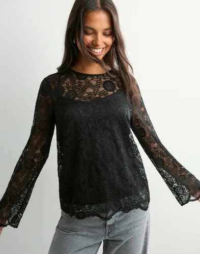 Pieces - Sort - Pcolline Ls Lace O-Neck Top Wvn Noo