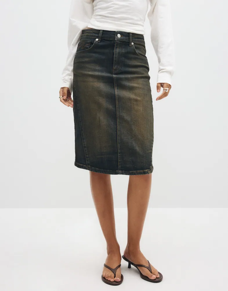 Coated Mid Denim Skirt