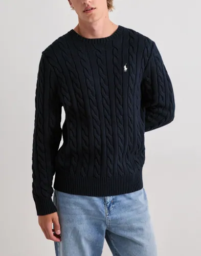 Blå stickad Polo Ralph Lauren-tröja med kabelmönster och rundhals