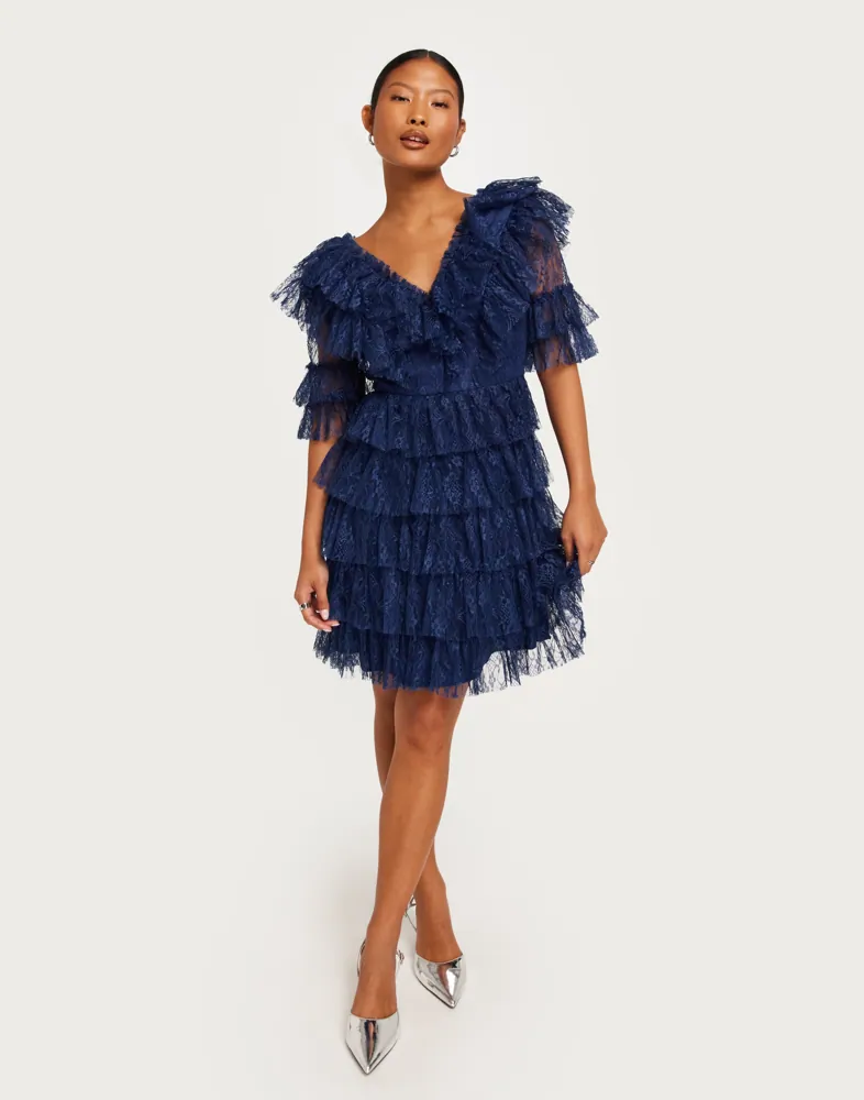 Buy Malina Sky v-neck frill mini lace dress - Indigo | Nelly.com