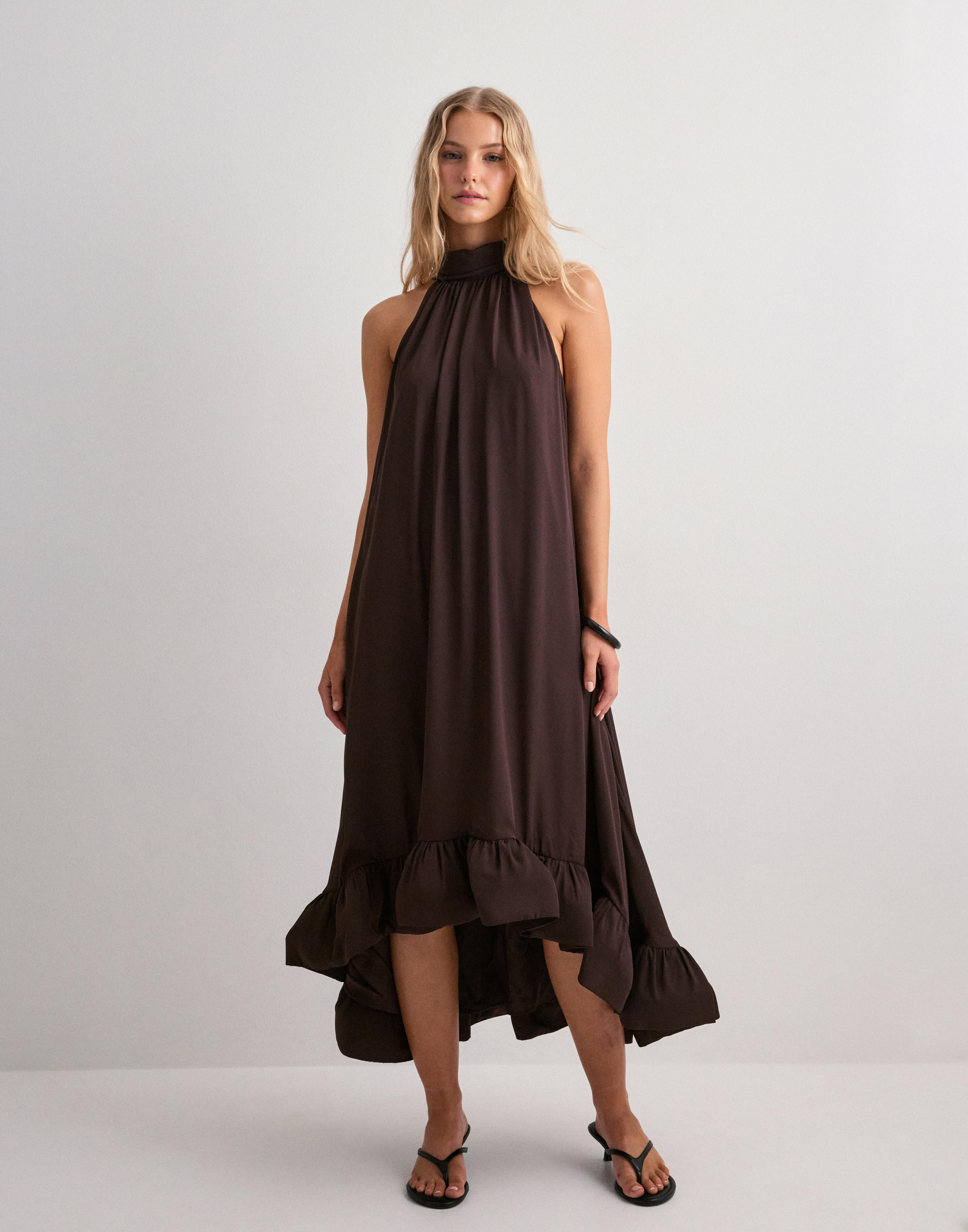 Buy Malina Sabrina halterneck ruffled maxi dress - Espresso
