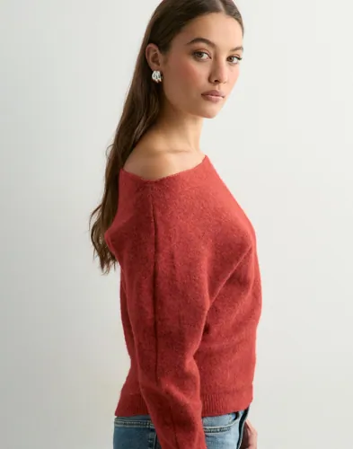 Nelly - Rød - Wide Neck Knit Sweater