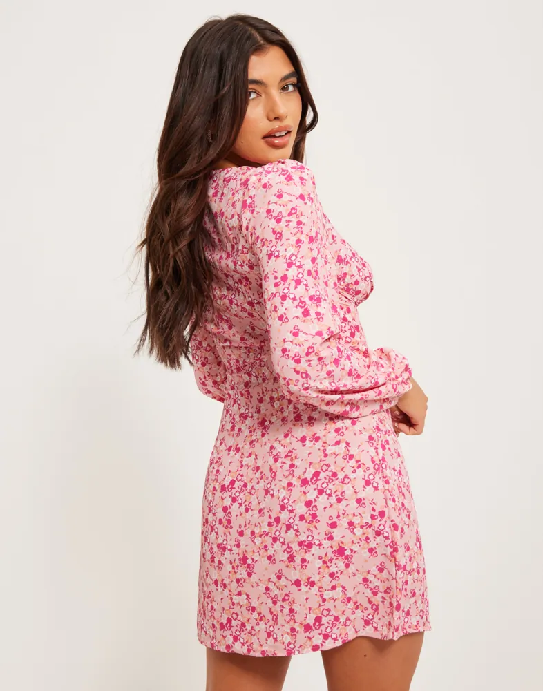 Buy Glamorous Nelly x Glamorous V Neck Button Dress - Pink Ditsy | Nelly.com