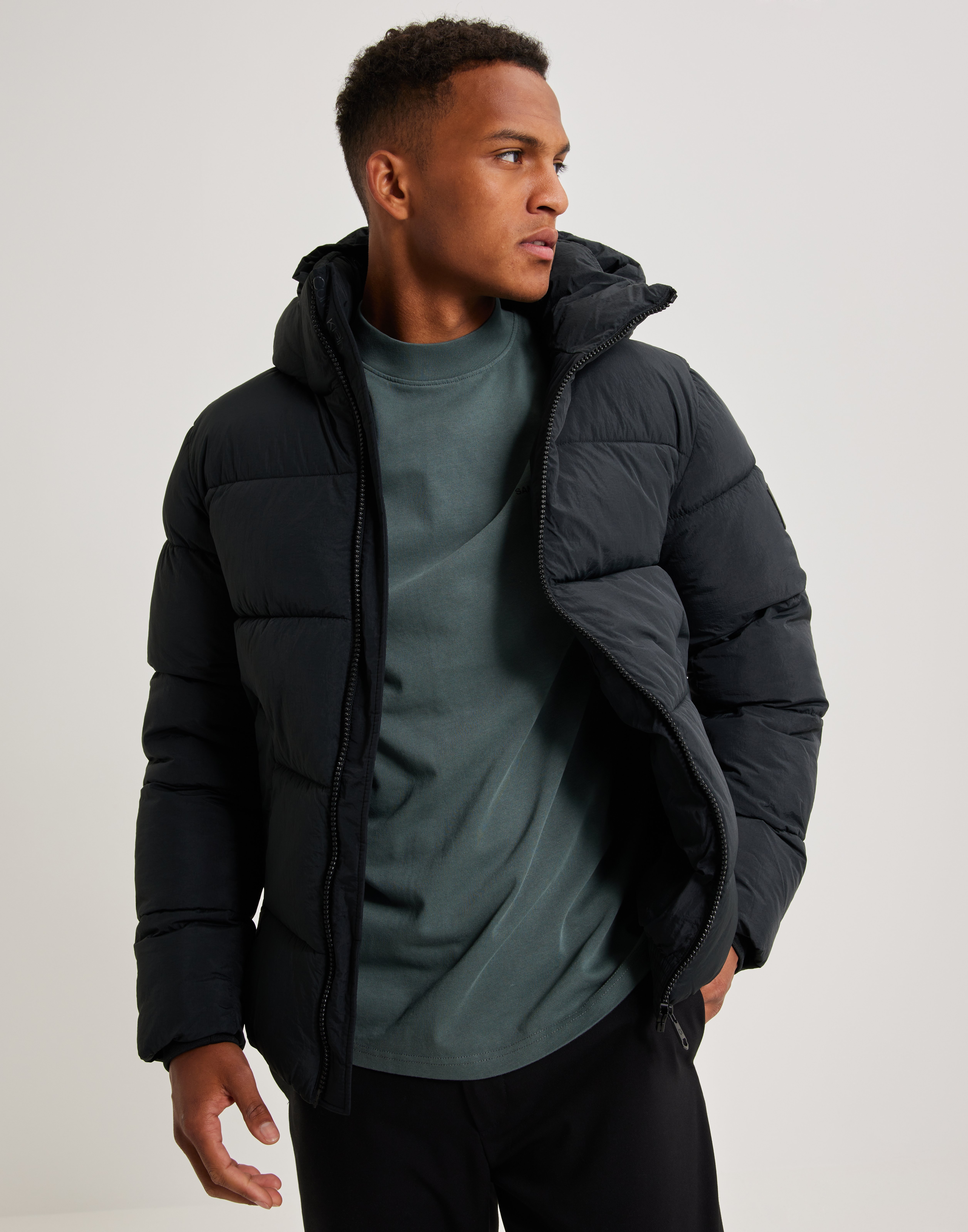 Crinkle nylon hooded puffer jacket sale