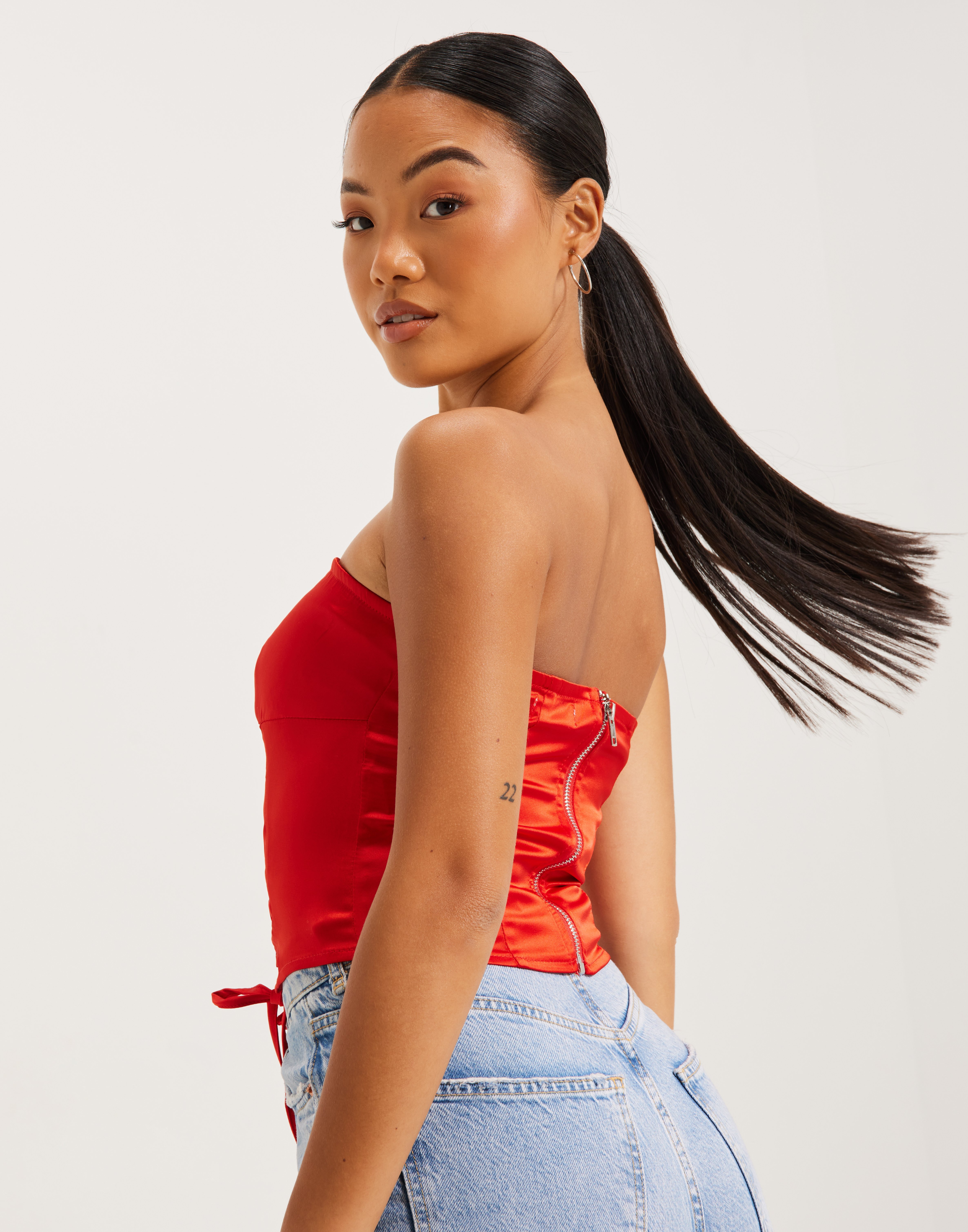 Buy Public Desire SATIN RUCHED BUSTIER LACE UP TOP - Red | Nelly.com