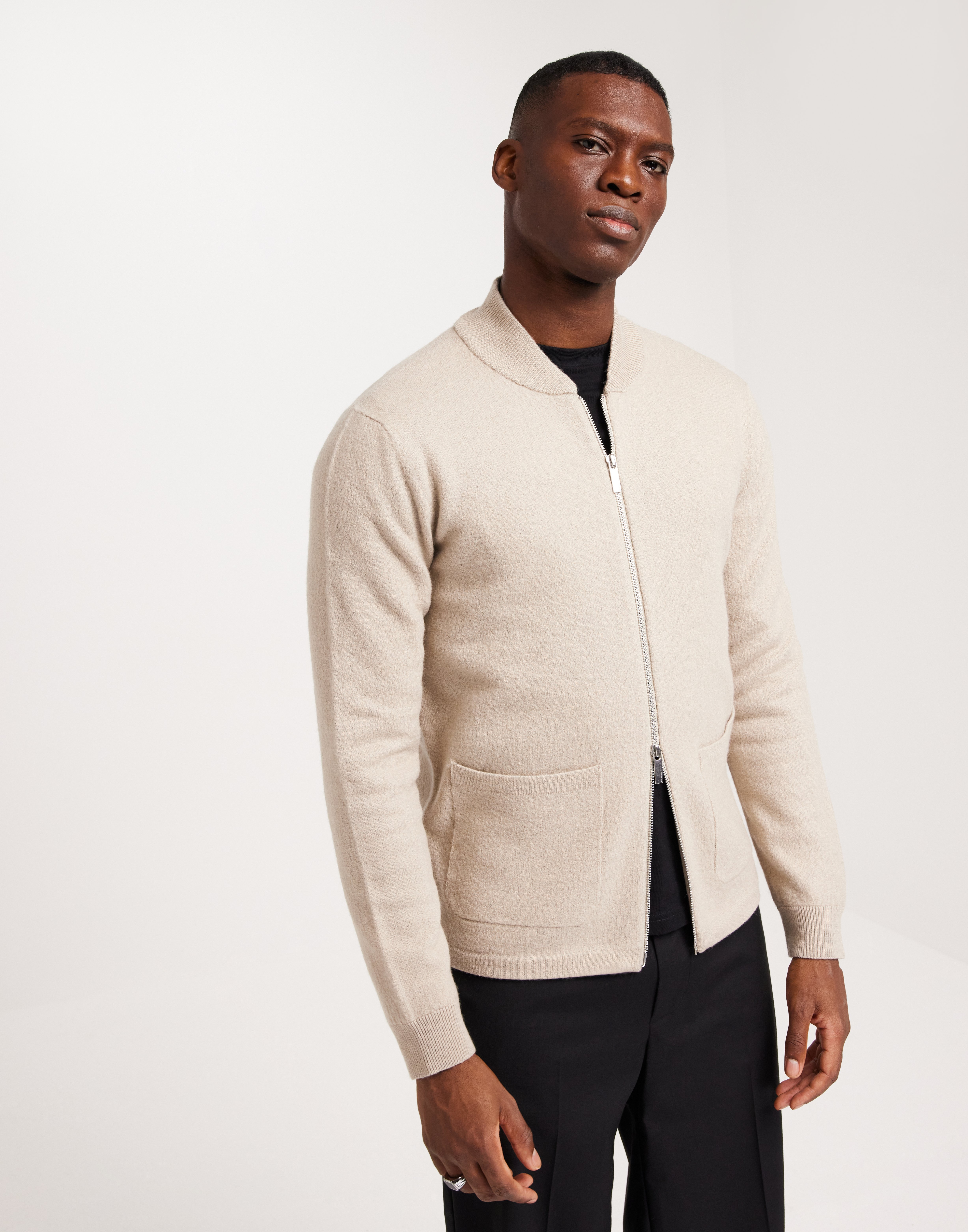 Selected Homme Slhreason Ls Knit Boiled Wool Zip W Trøjer med lynlås Beige