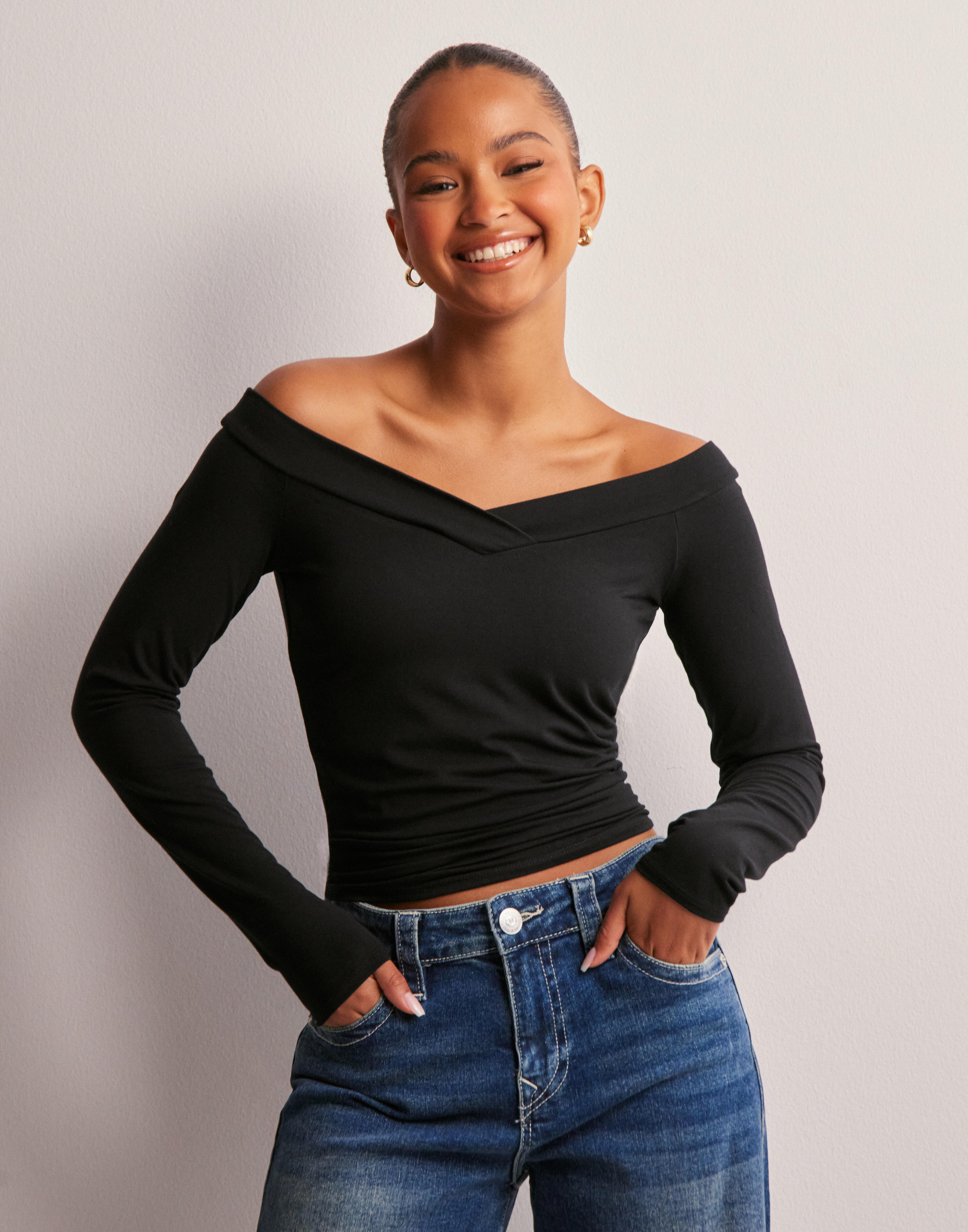 Black off the shoulder v neck top sale