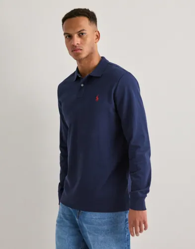 Polo Ralph Lauren långärmad piké i blått med knappkrage och logga