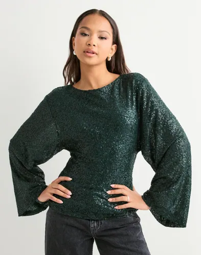 Nelly - Grøn - Glitter Volume Sleeve Top