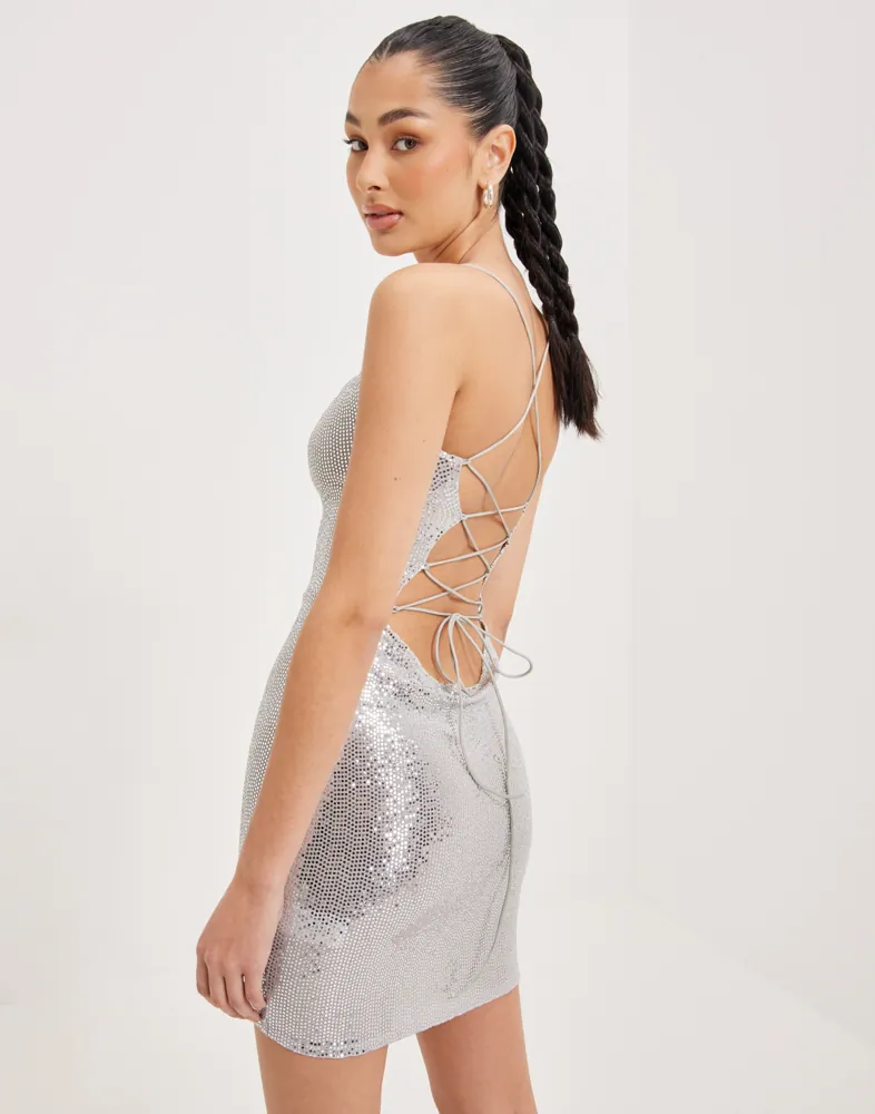strapless open back dress Amanita Backless Batwing Mini Dress in Silver main image 1