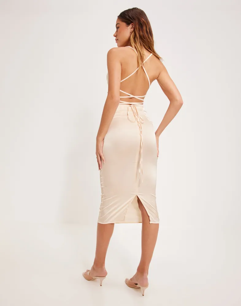 Buy Parisian Satin Cowl Neck Tie Back Midi Dress - Beige | Nelly.com