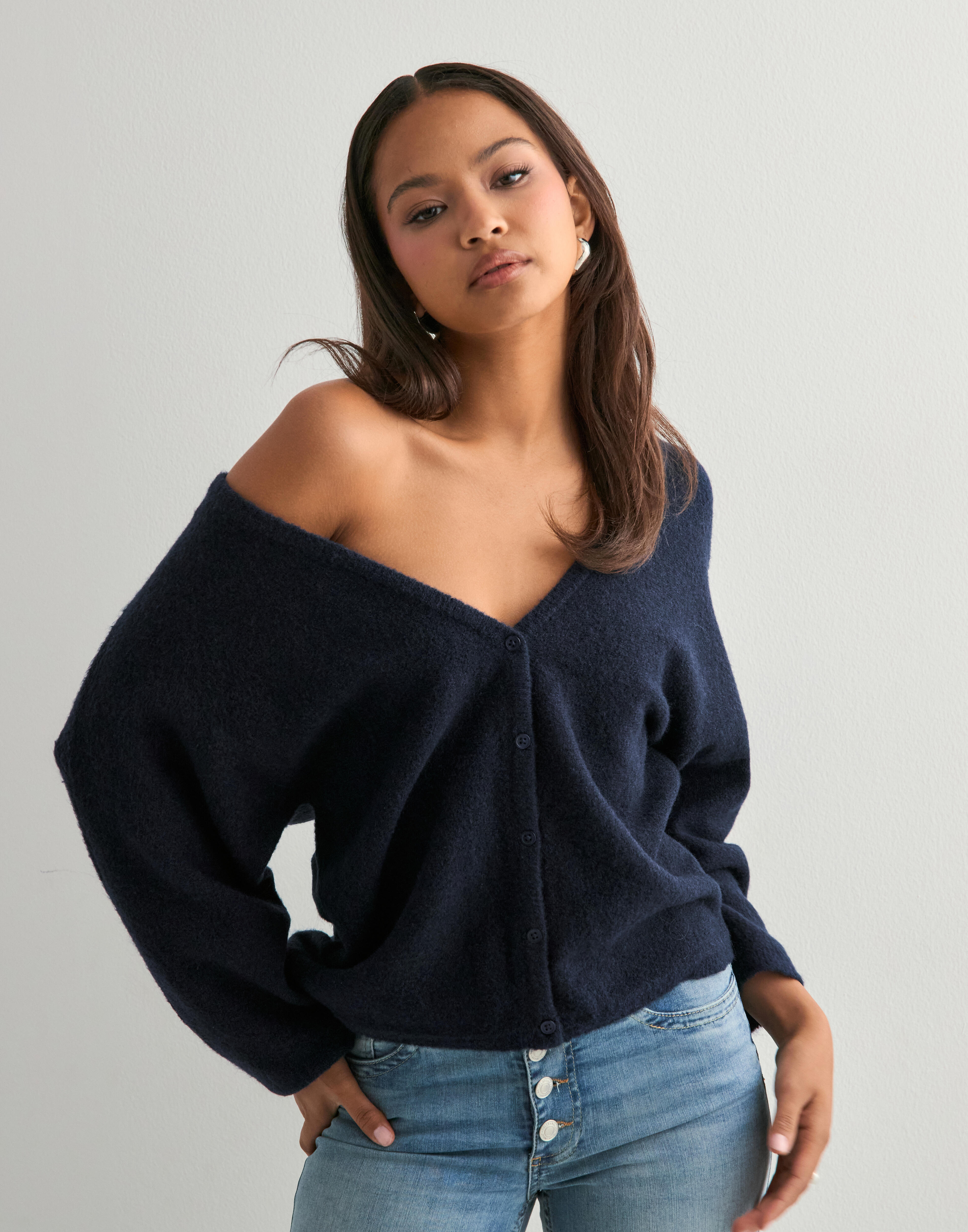 Kjøp Nelly Back V-neck Knit Cardigan - Dark Blue | Nelly.com