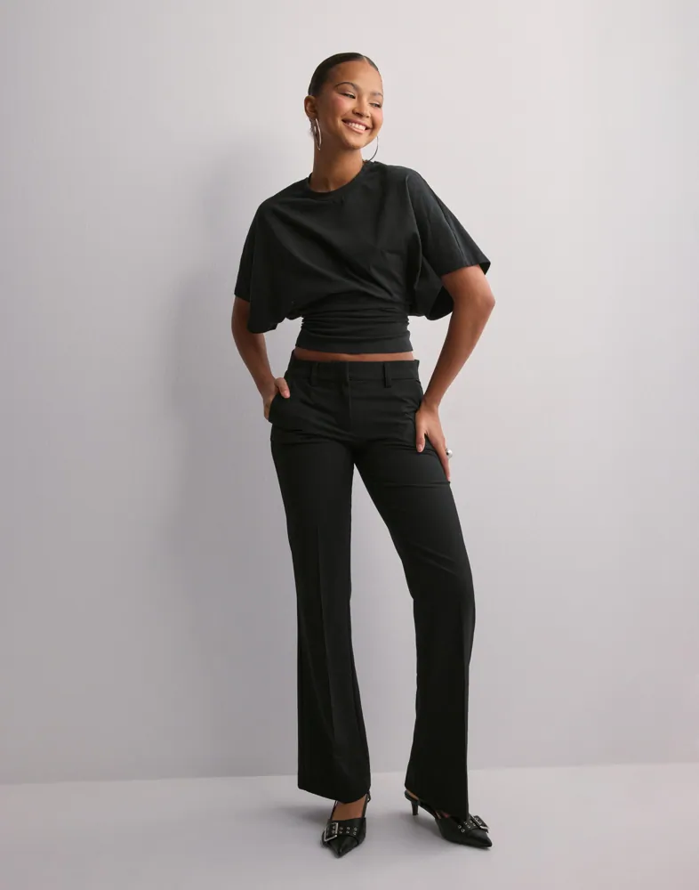 slim fit dress slacks Women's Black, Flat Front, Contemporary Low Rise Dress Pants