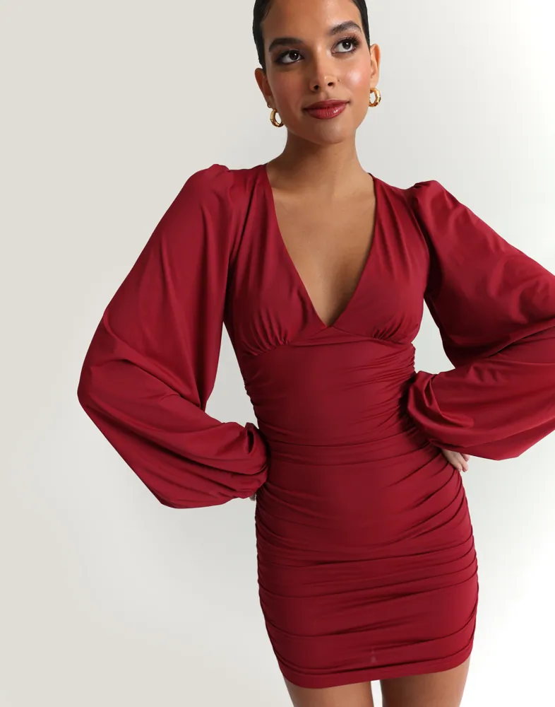 Buy Nelly Jersey Volume Sleeve Dress - Dark Red | Nelly.com