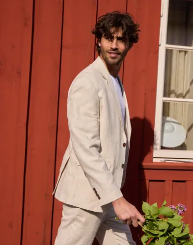 Beige dubbelknäppt linnekavaj från Selected Homme