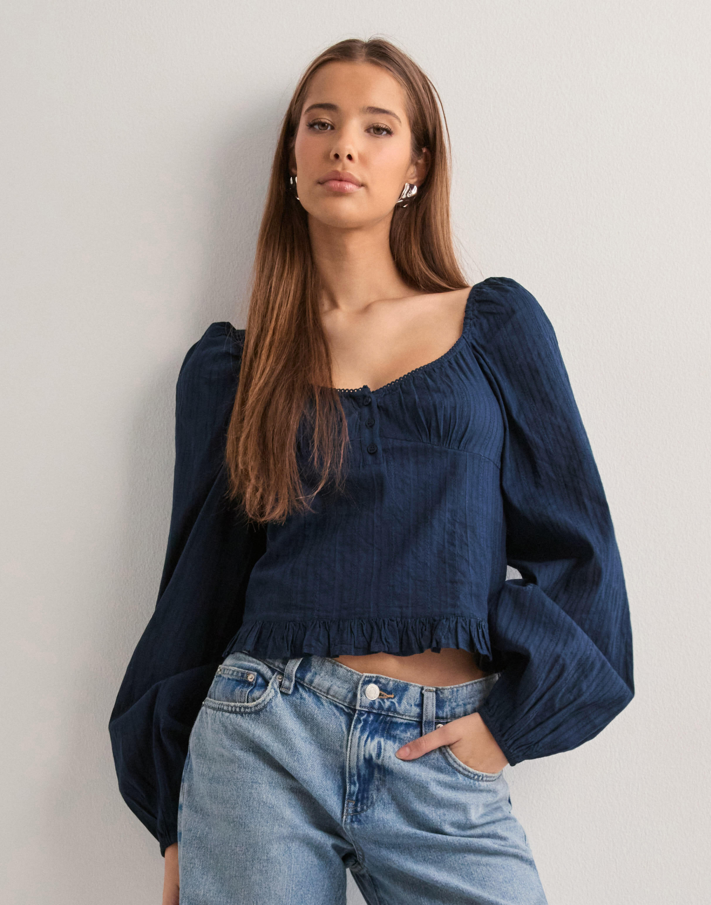 Buy Nelly Buttoned Puff Sleeve Blouse - Navy | Nelly.com