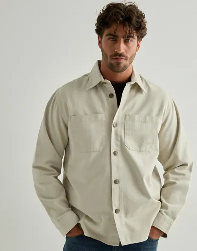 Selected beige overshirt i bomullstwill med bröstfickor