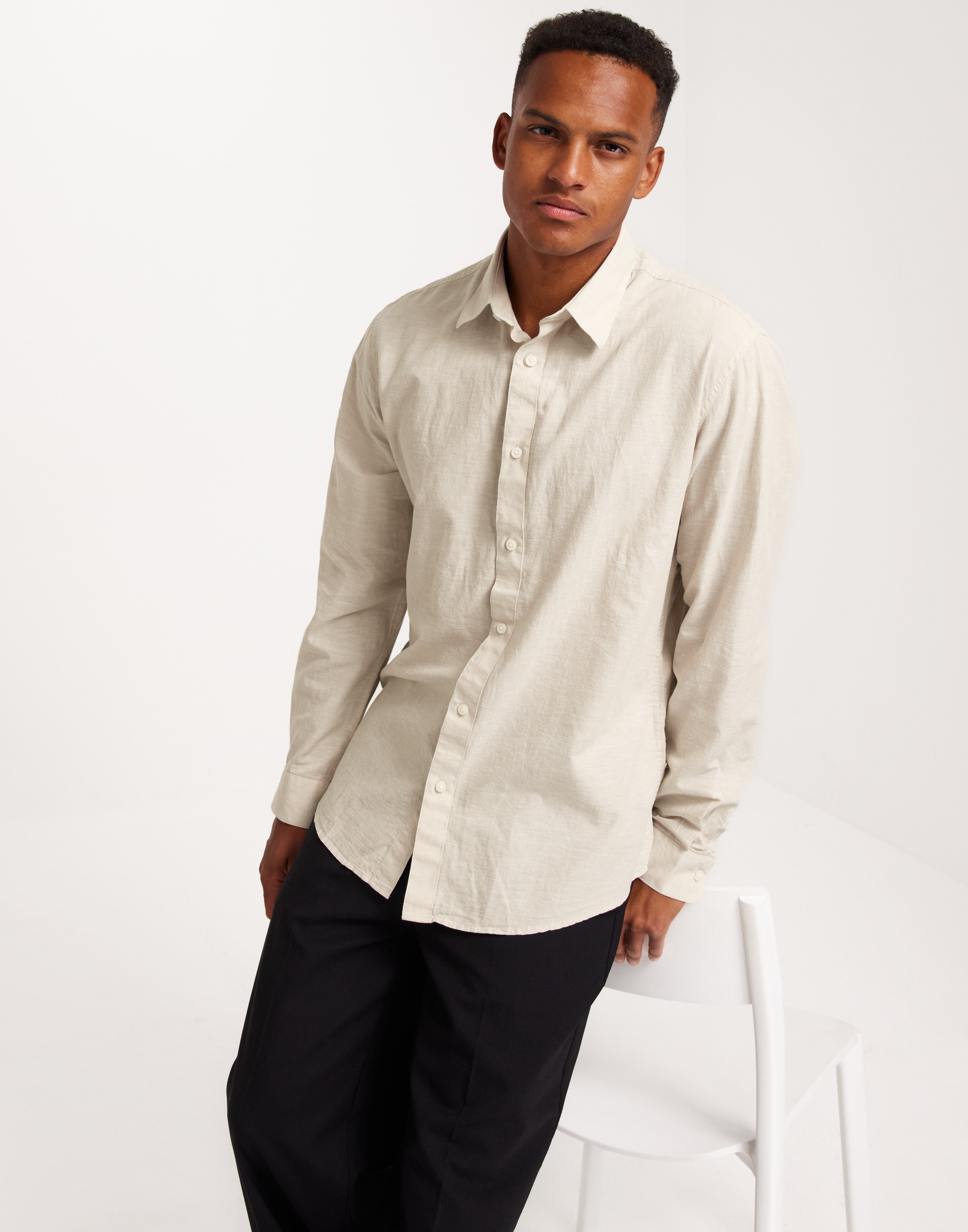 Selected Homme Slhregnew-Linen Shirt Ls Classic Gröna skjortor Beige