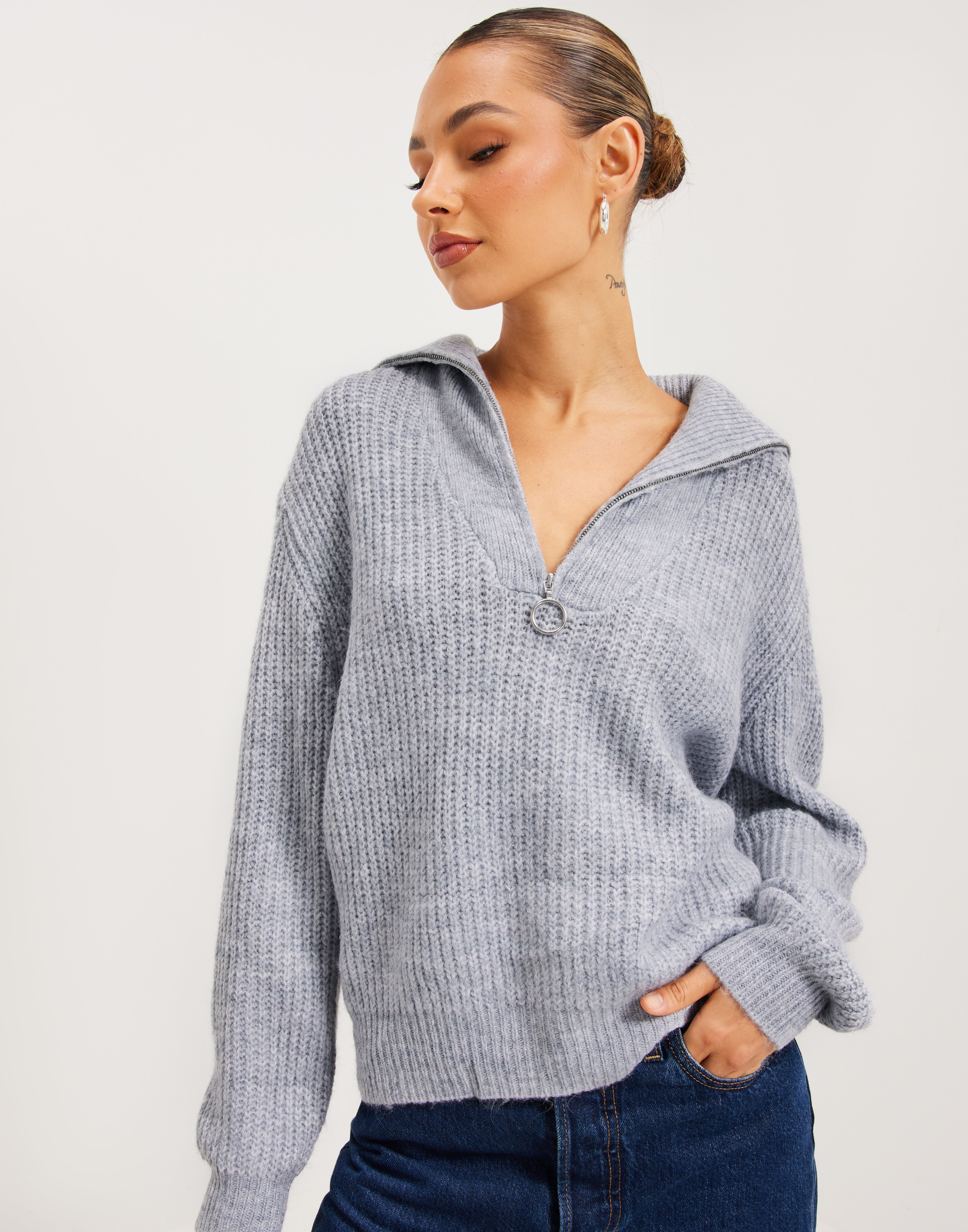 Buy Only ONLBAKER L/S ZIP PULLOVER KNT NOOS - Light Grey Melange