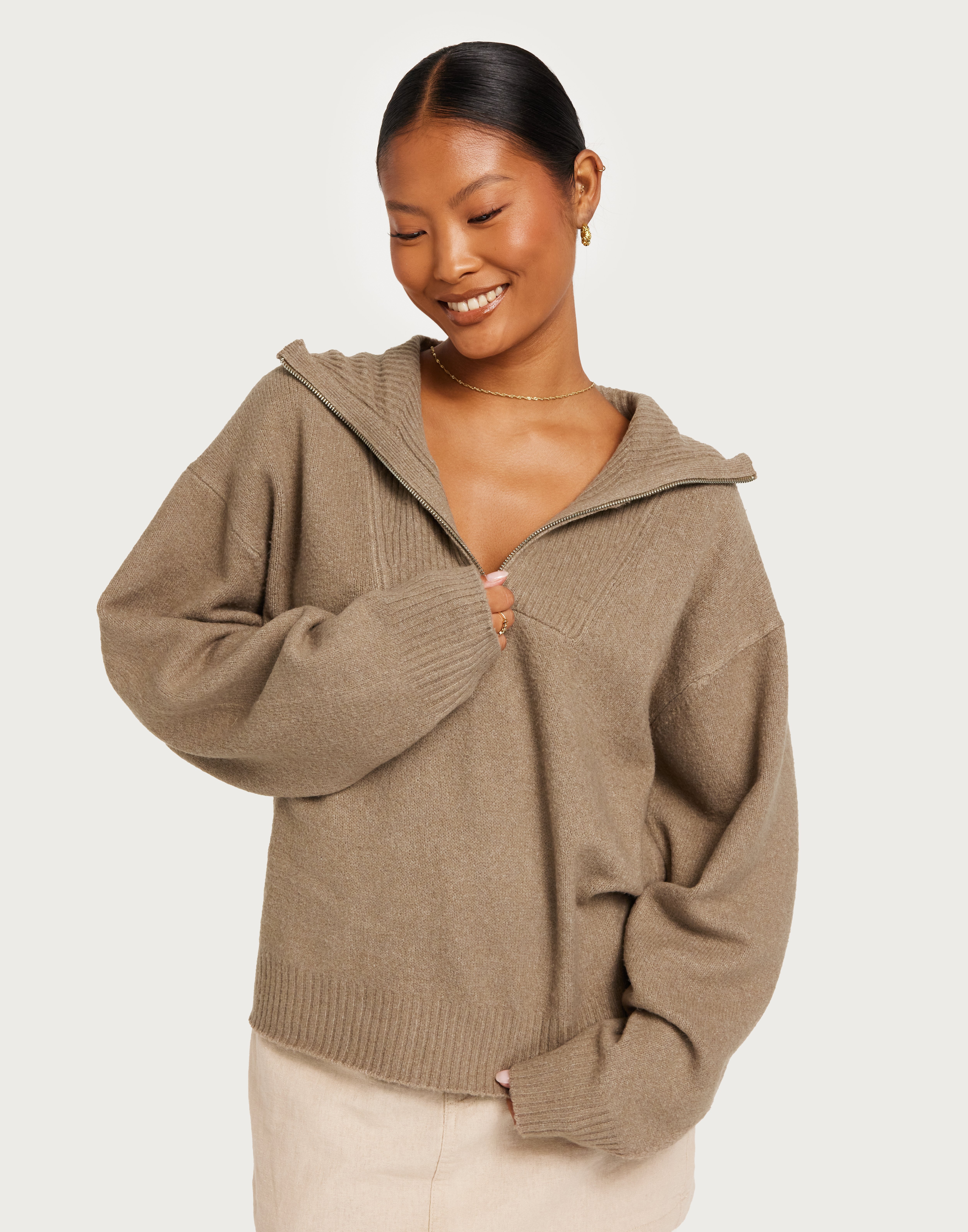 Buy Nelly Zip Knit Sweater Taupe Nelly