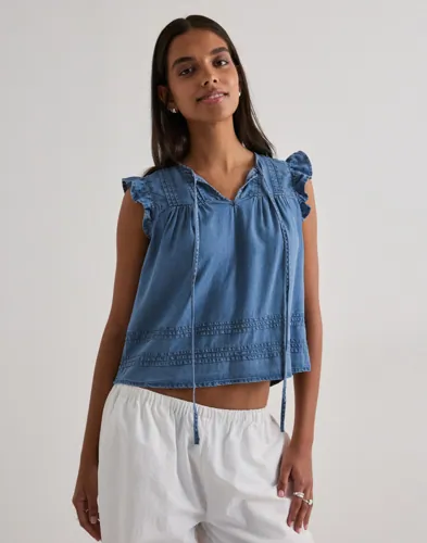 Only - Blå - Onlcharis Life Sl Tie Neck Top Wvn