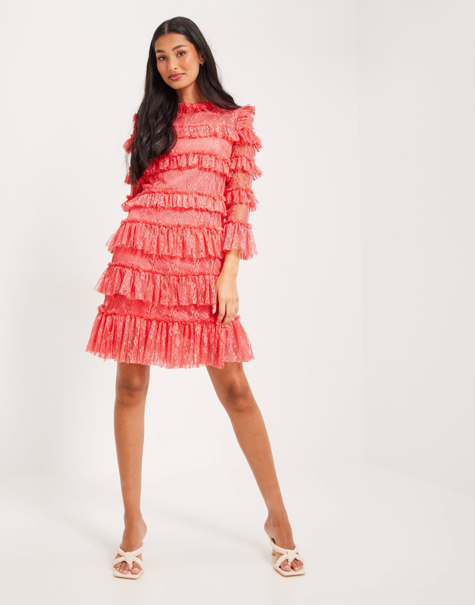 Carmine frill mini lace dress