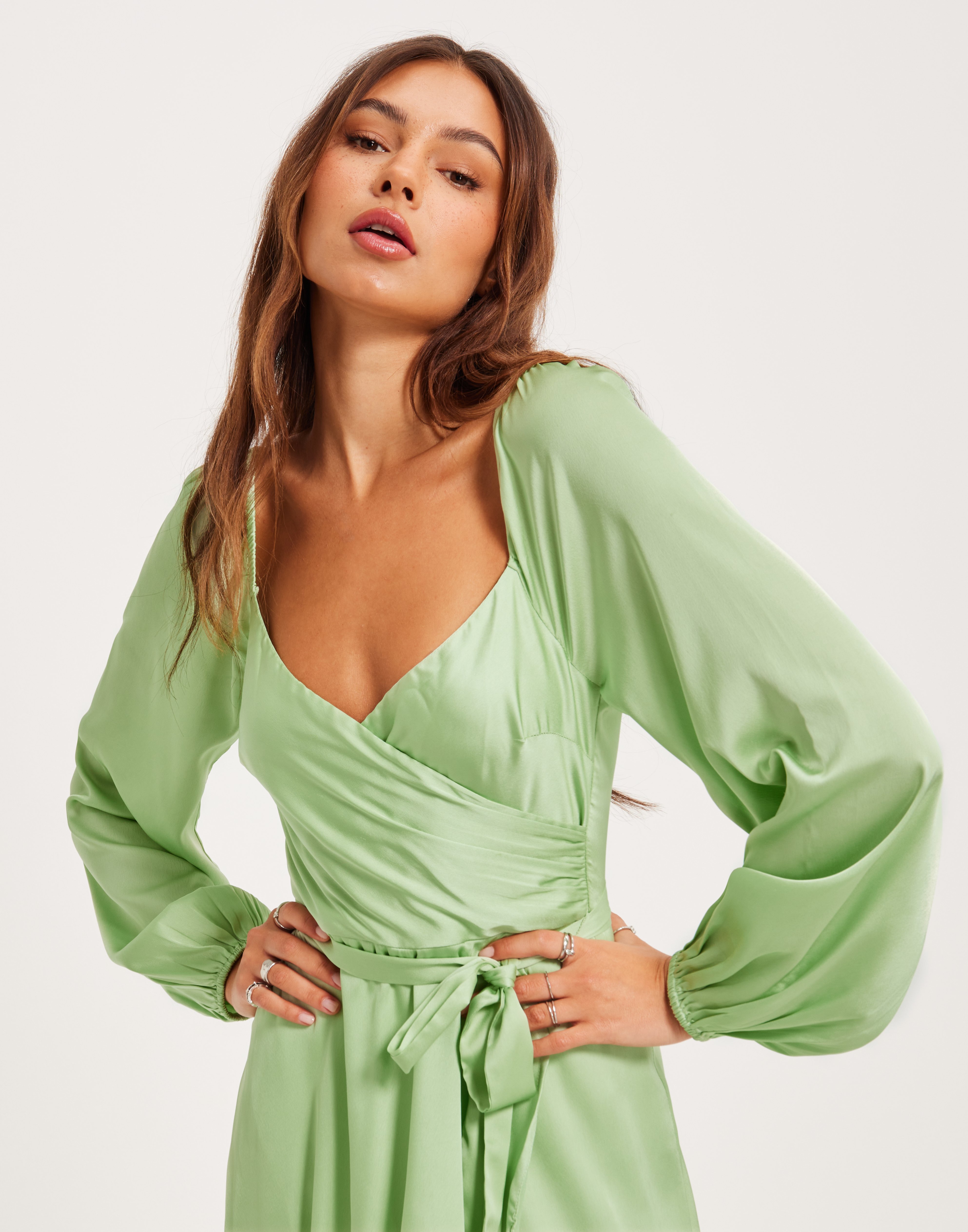 Satin fashion green wrap dress