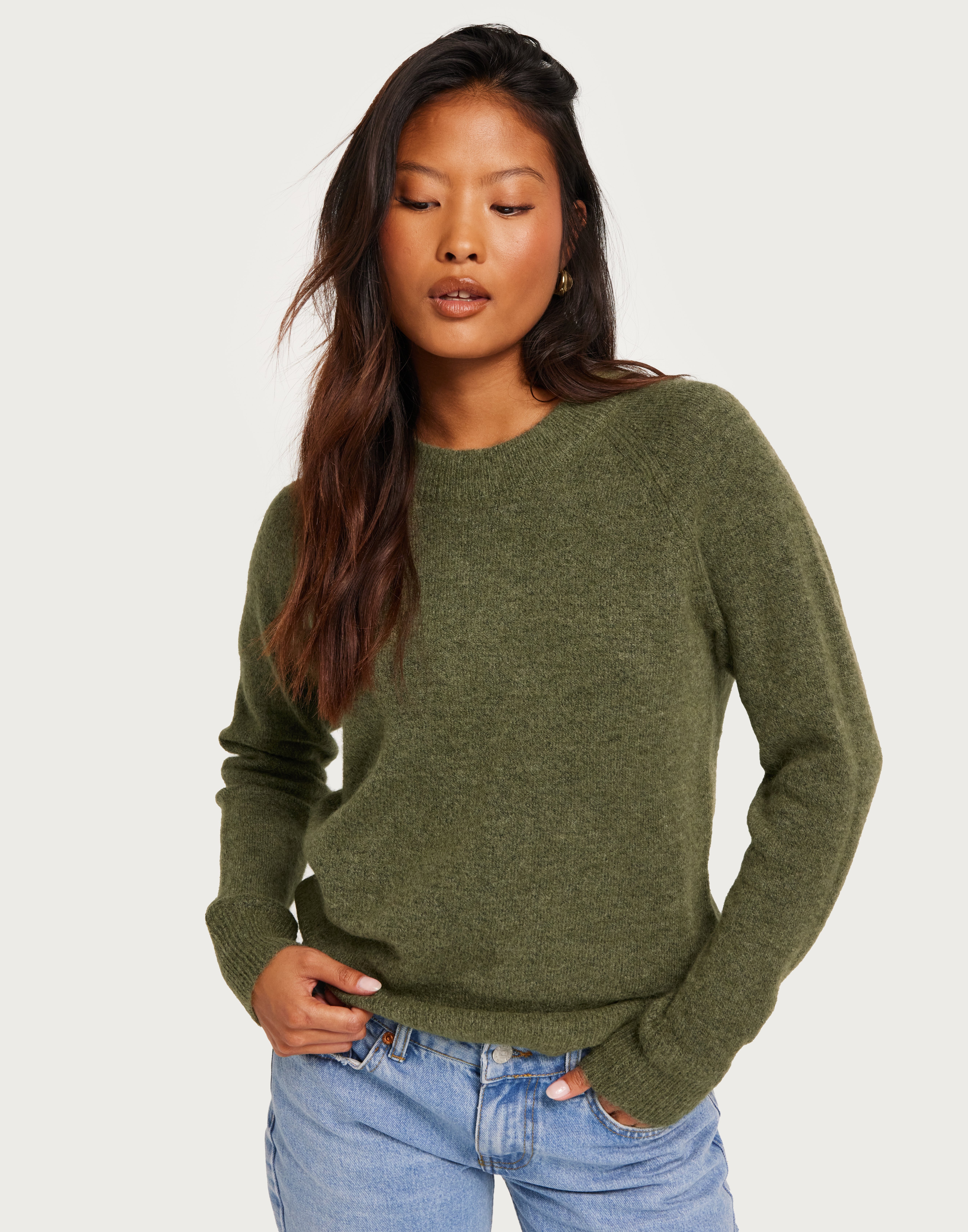 Buy Selected Femme SLFLULU LS KNIT O-NECK B NOOS - Dusky Green Melange ...