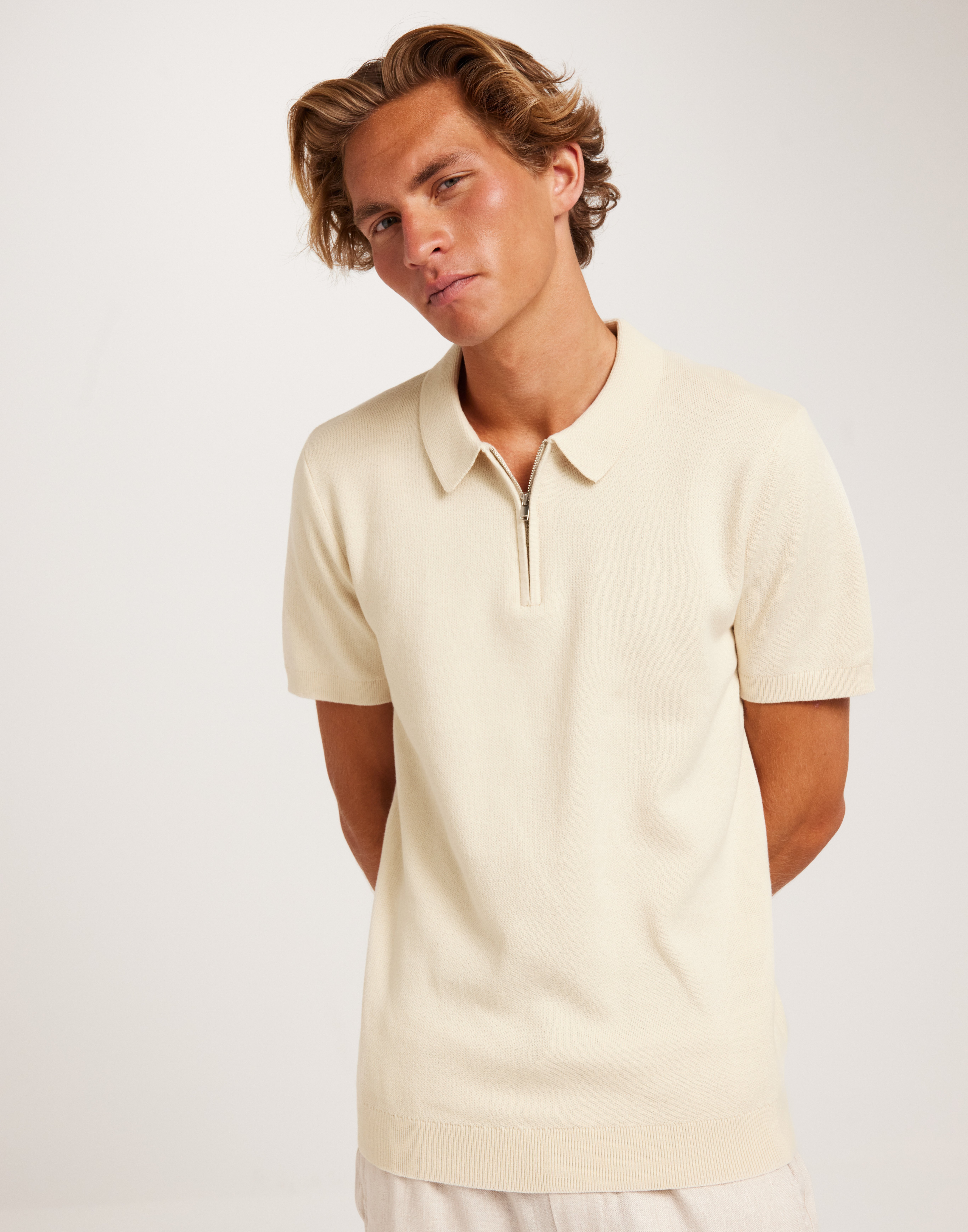 Selected Homme Slhflorence Ss Knit Zip Polo Ex Kortærmede poloer Beige