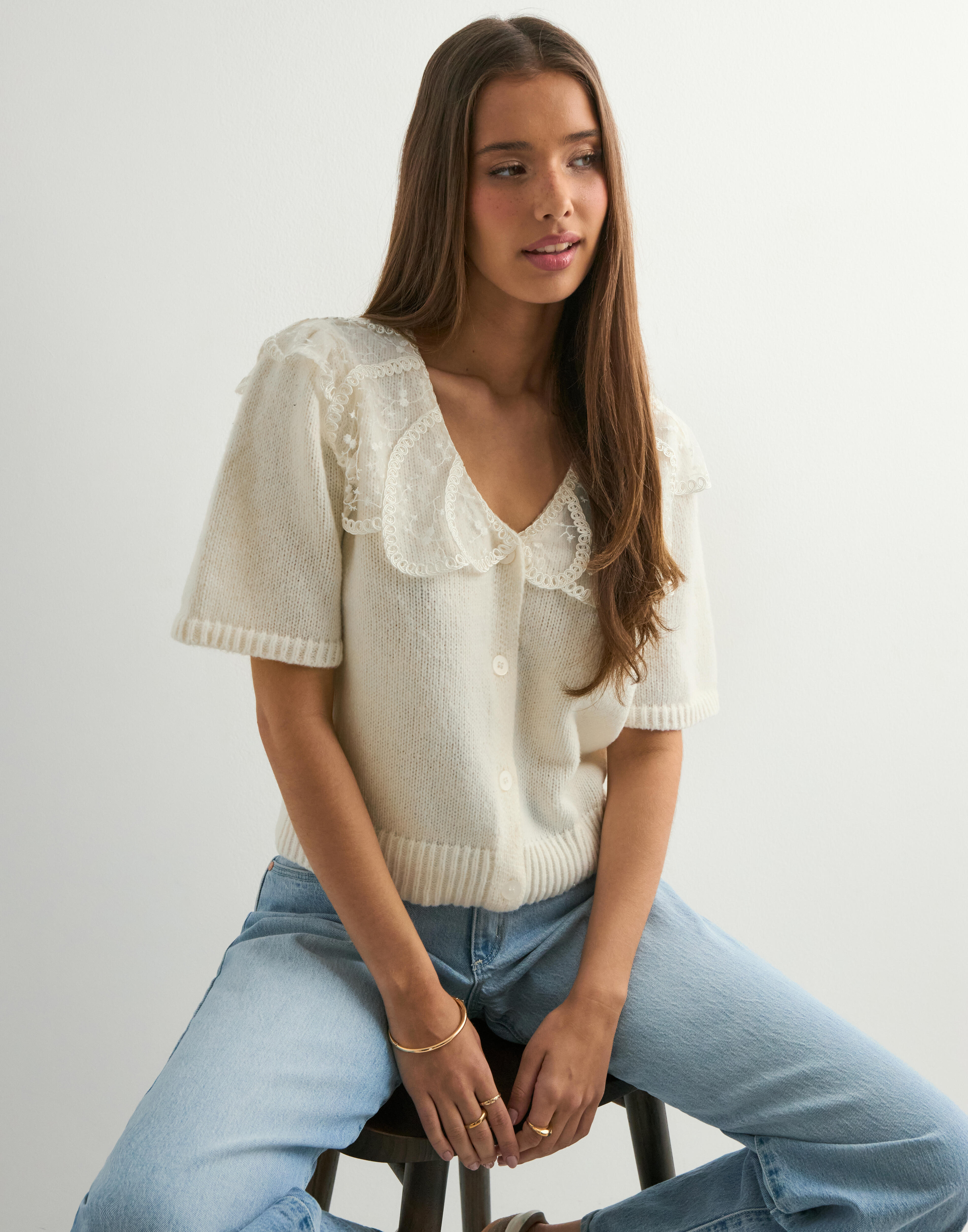 Pieces - Hvid - Pcabby Ss Lace Collar Knit Cardigan