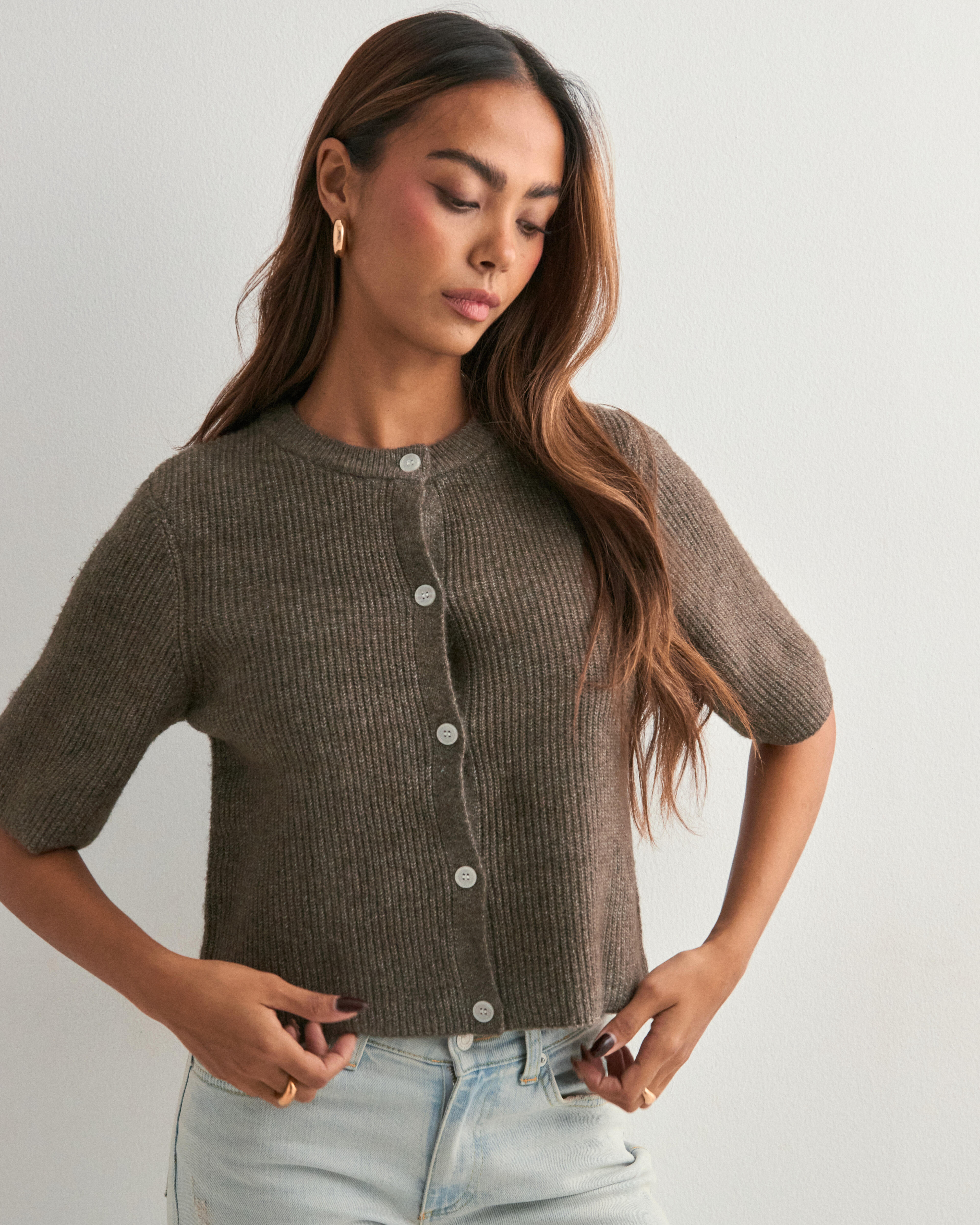 Pieces - Brun - Pcsilly Ss O-Neck Knit Cardigan Noo