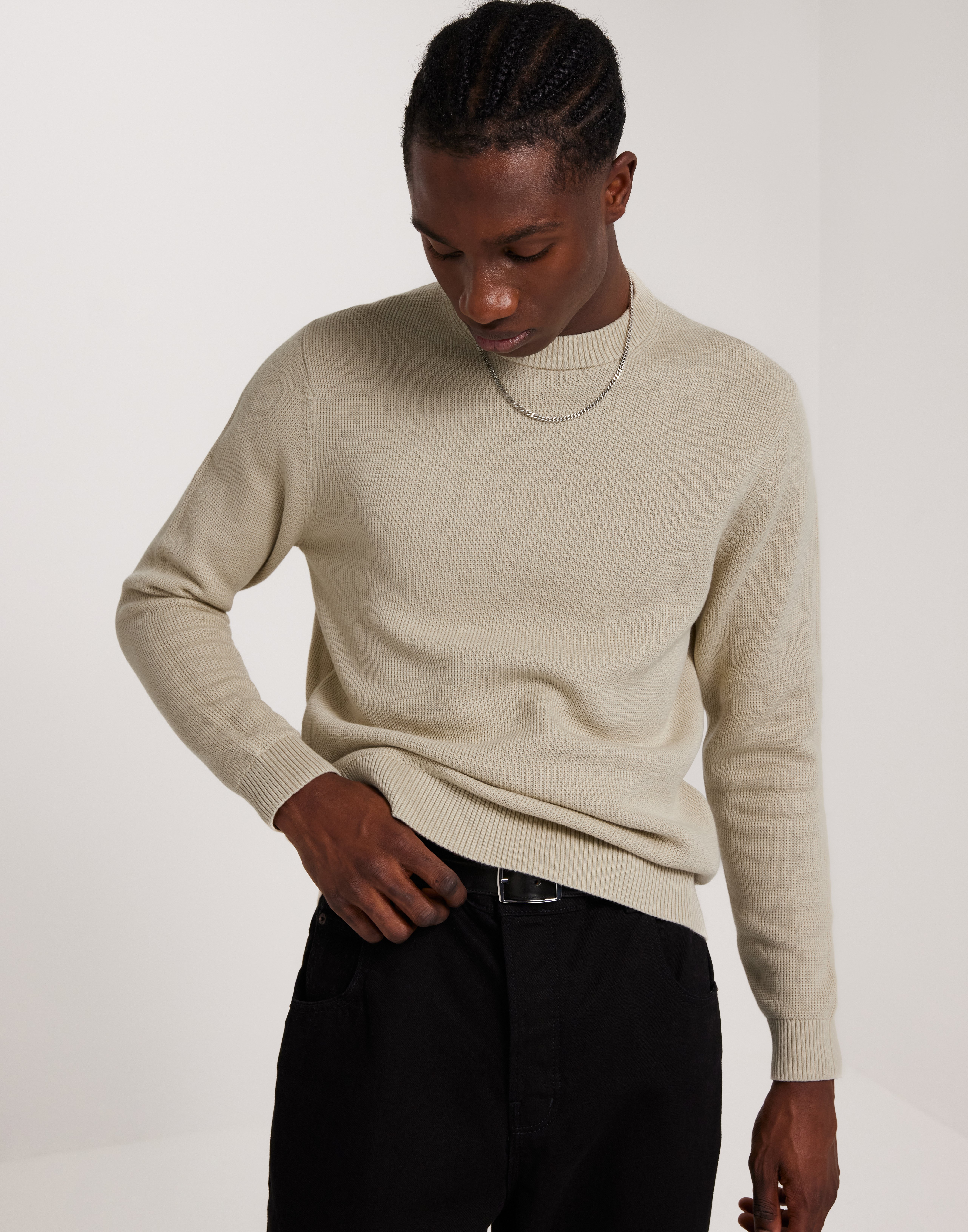 Selected Homme Slhdane Ls Knit Structure Crew Neck Striktrøjer Beige