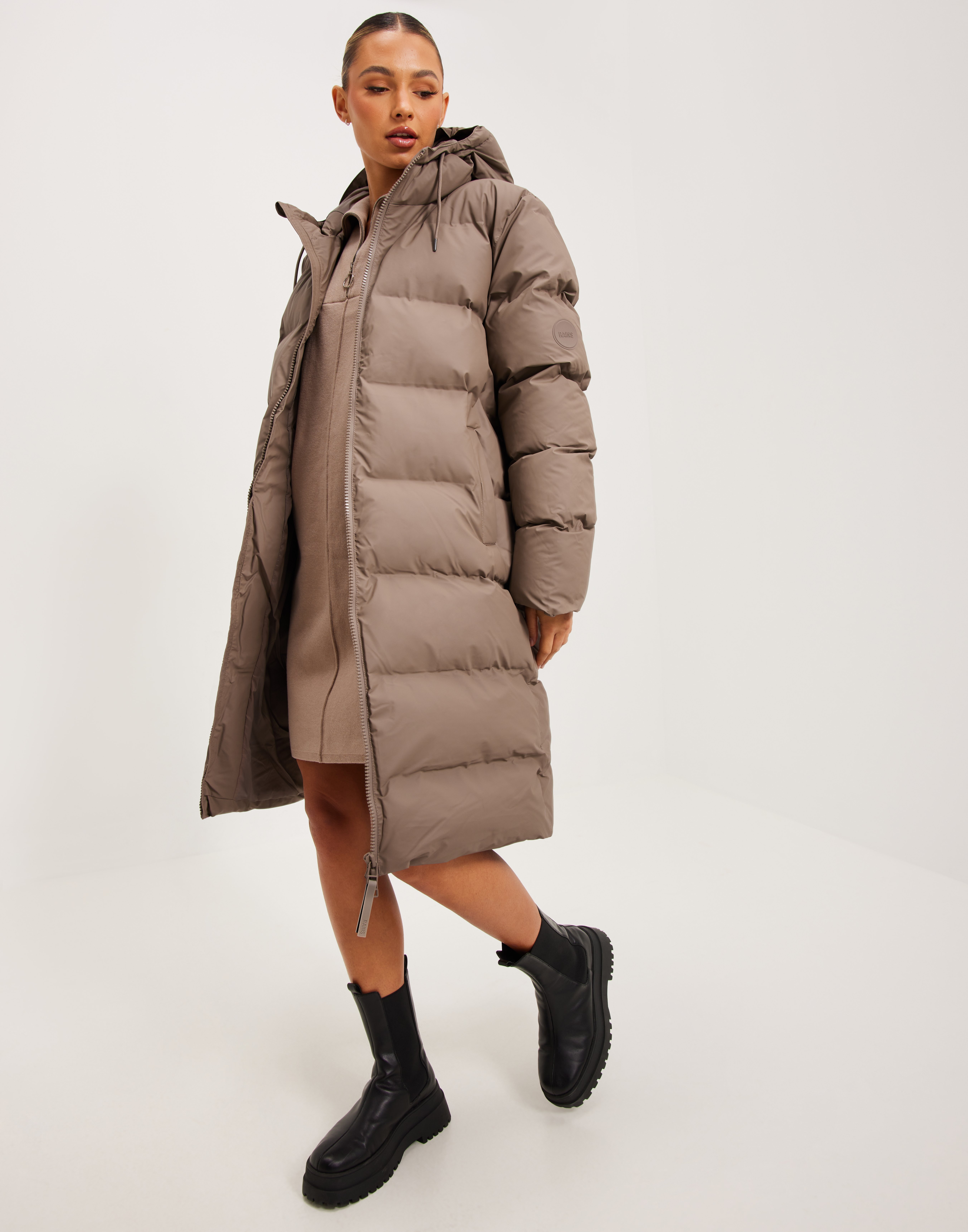 Buy Rains Long Puffer Jacket Taupe Nelly