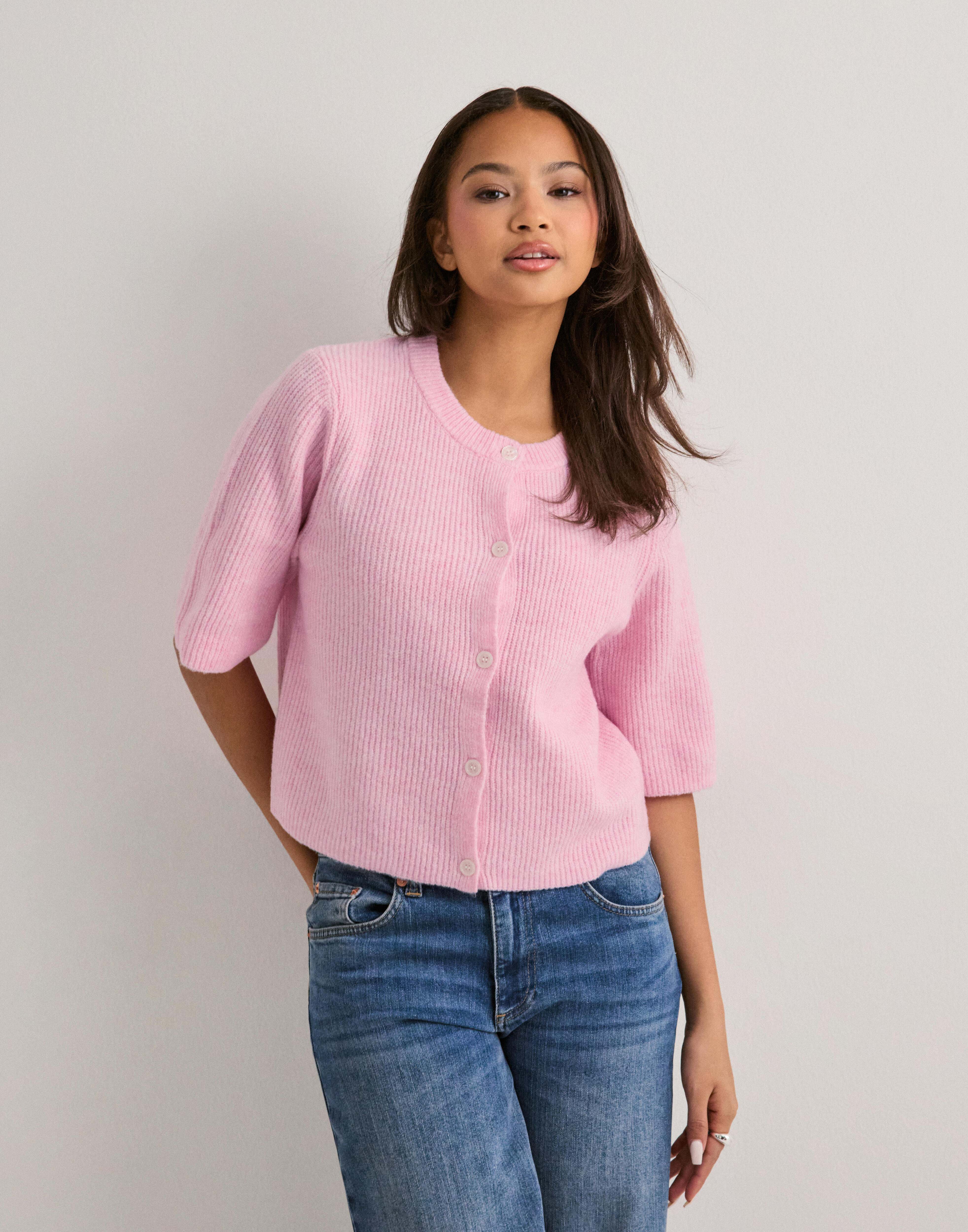 MOS MOSH Gebreide cardigan met diepe V-hals, model 'THORA' in lila