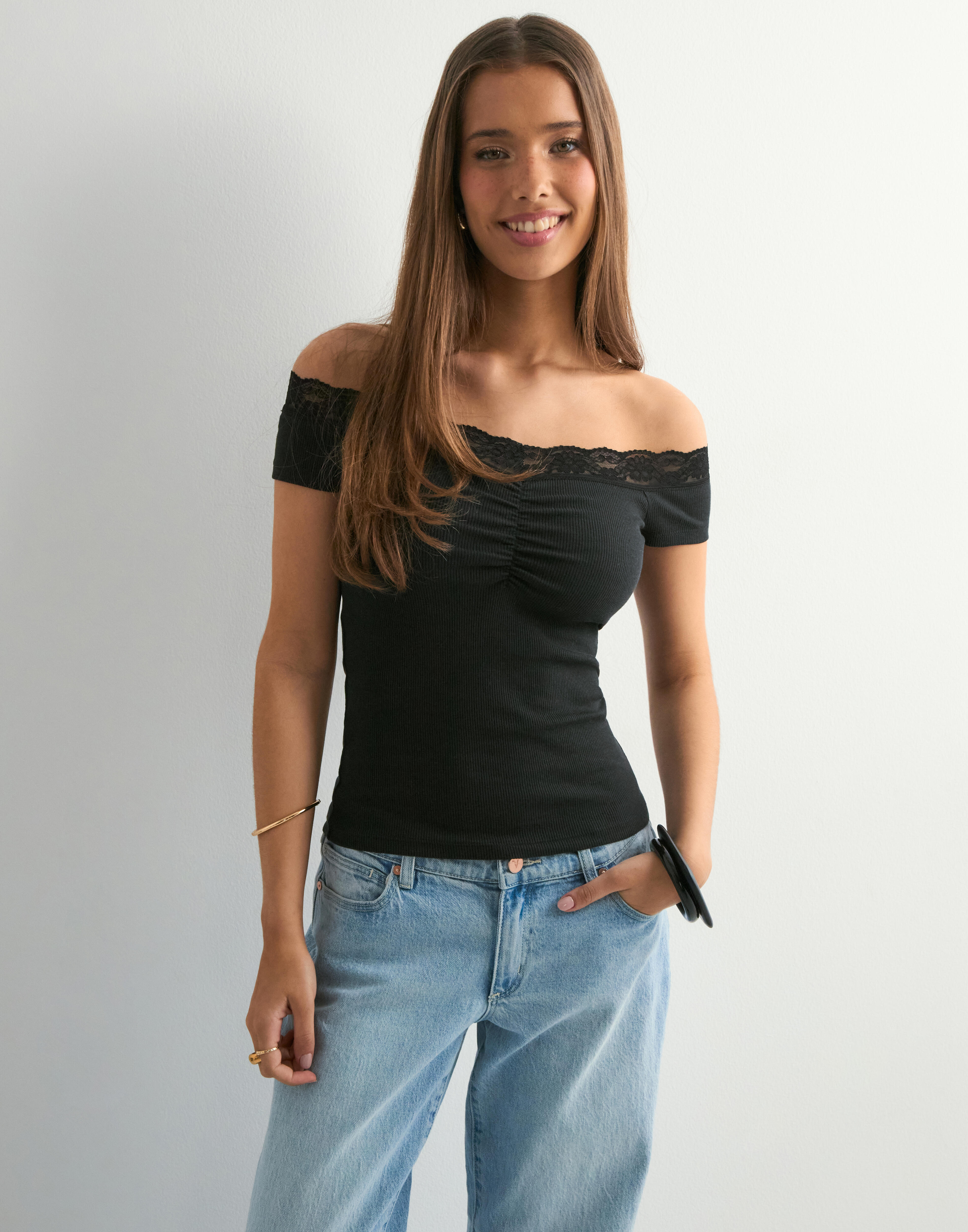 Rib Lace Off Shoulder Top
