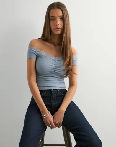 Nelly - Blå - Rib Lace Off Shoulder Top